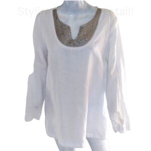 Kenar White Linen Tunic‎ w/Silver Beaded Neckline Top Size L Long Sleeves